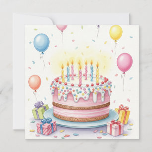 Cartão Bolo de Birthday com Velas e Balões