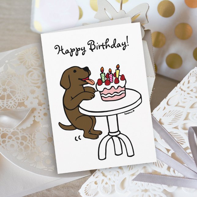Cartão Bolo de Cartoon de Chocolate de Bolo de Aniversári (Birthday Cake Chocolate Labrador Cartoon Birthday Card with plain white background for dog lovers.)