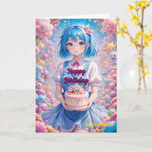 Cartão Bolo de Celebração da Garota Kawaii Pastel