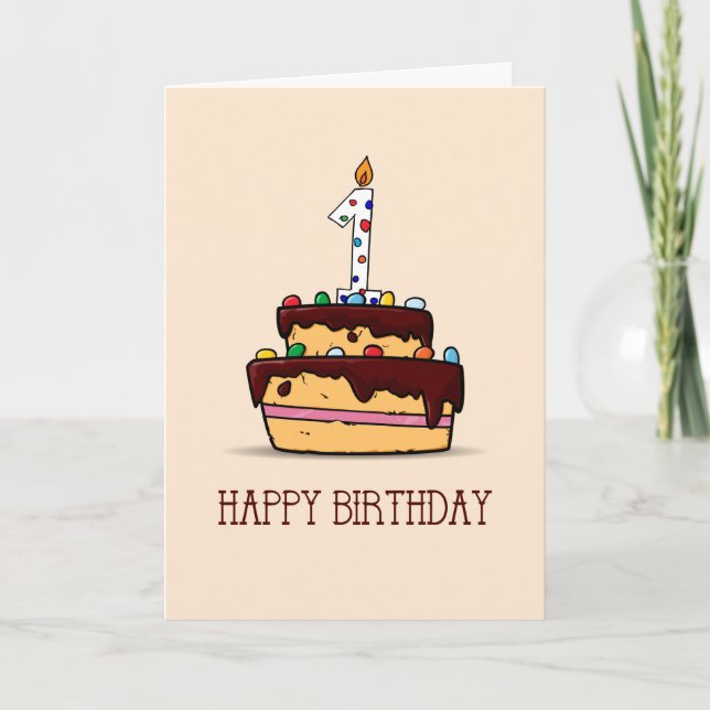 Cartão Bolo de Chocolate de 1º Aniversário com Vela Numér (Frente)
