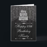 Cartão Bolo de Cortina de Diamante Preto Prateado Anivers<br><div class="desc">Cortina de diamante prateada e bolo com fundo de madeira preta Gráficos pela DigitalCurio no Etsy</div>