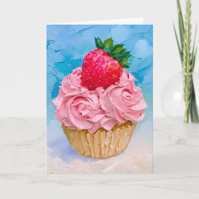 Cartão Bolo de Morango com Frost de Rosa Bonito (Frente)