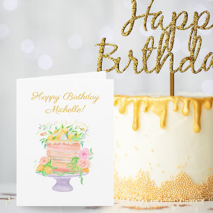 Cartão Bolo Floral de Limão com Aquarela de Aniversário