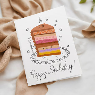 Cartão Bolo Sorridente Fofo Peça de Negócios Feliz Aniver