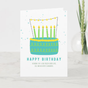 Cartão Bolo verde e amarelo com velas de aniversário comb