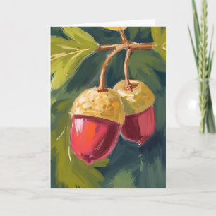 Cartão Bolotas de Outono Aquarela Outono Vermelho Verde