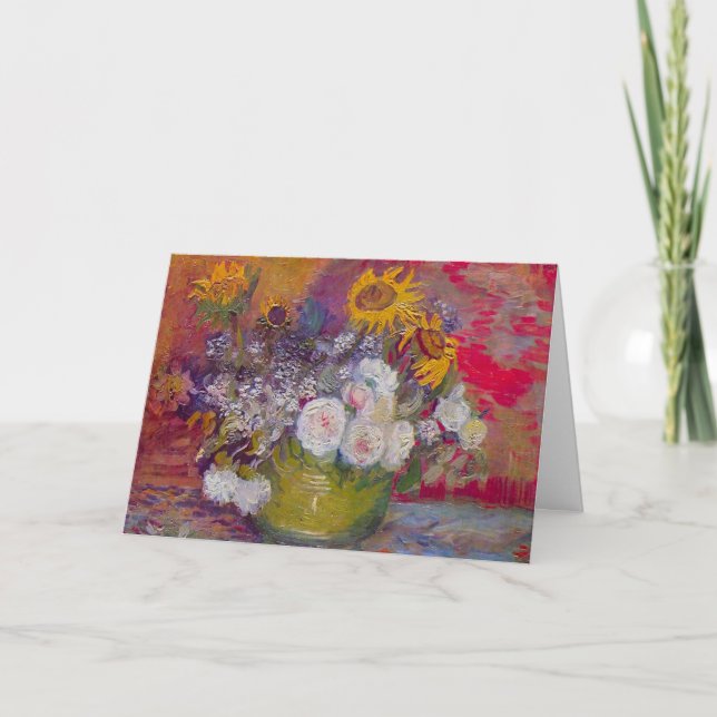 Cartão Bolsa com girassóis e Rosas de Vincent van Gogh (Frente)