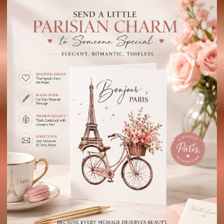 Cartão Bom dia Paris Torre Eiffel Bicicleta Saudação Flor