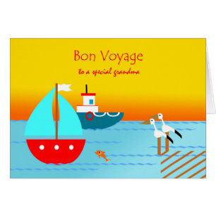 Cartão Bon Voyage para a vovó, barcos, pelicanos, pôr d