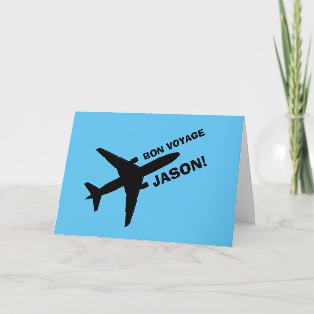Cartão Bon Voyage Plane on Blue Custom Name (Frente)