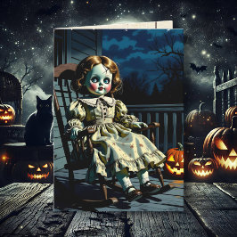 Cartão Boneca Assombrada e Abóbora de Halloween