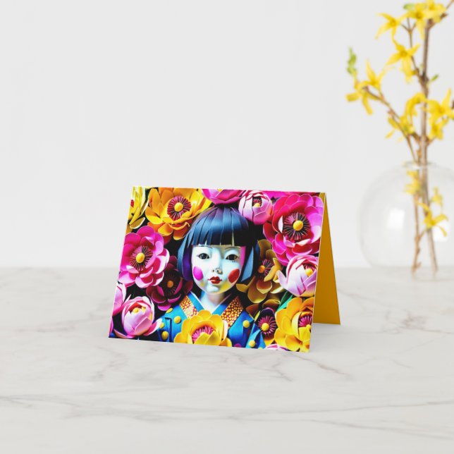 Cartão Boneca Japonesa com Peônias Origami 3HGC (Flor Amarela)