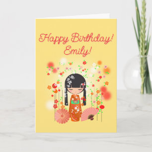 Cartão Boneca Kokeshi Feliz Aniversário