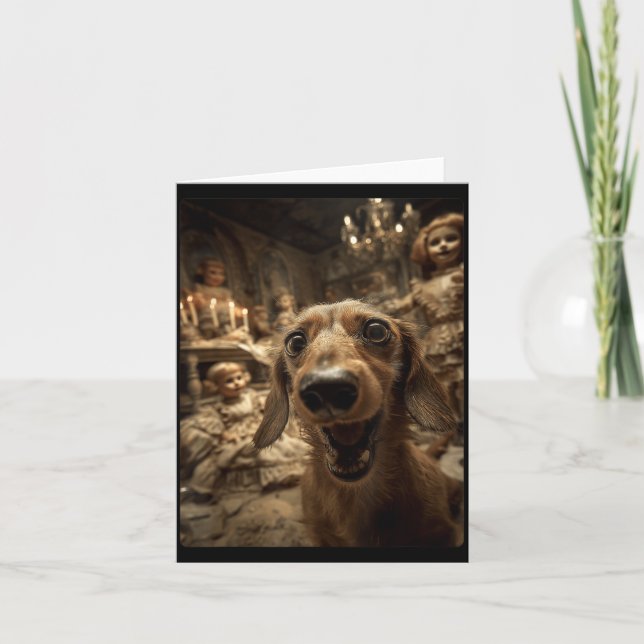 Cartão Bonecas engraçadas de Dachshund Selfie assustadora (Frente)