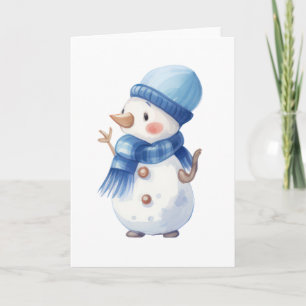 Cartão Boneco de Neve Aquarela com Cachecol e Chapéu Azul
