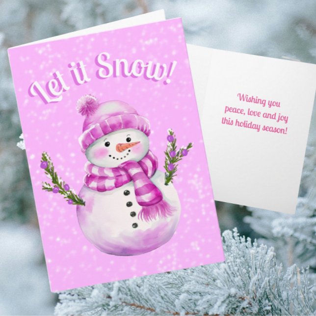 Cartão Boneco de Neve Branco Rosa com Personalização (Personalize this card with your own message on front and inside)