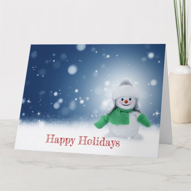 Cartão Boneco de neve com um cachecol verde  (Frente)