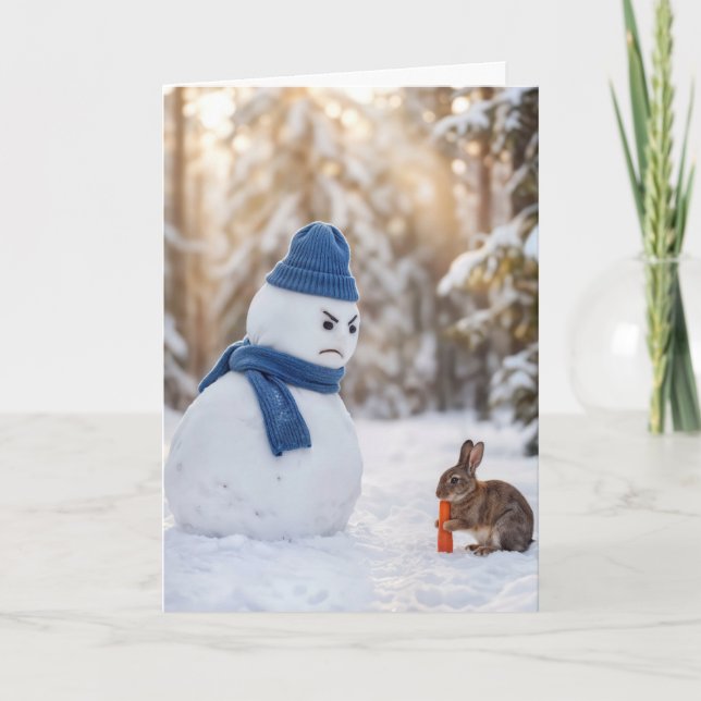 Cartão Boneco de Neve de Natal com Cara Feia para um Coel (Frente)