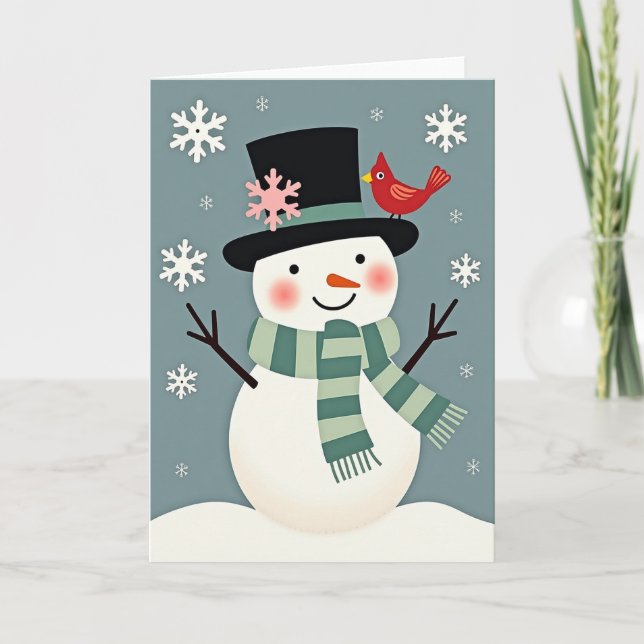 Cartão Boneco de Neve de Natal com Cardinal (Frente)