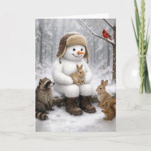 Cartão Boneco de Neve de Natal nos Bosques de Inverno com