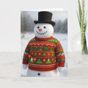 Cartão Boneco de Neve de Natal Vestindo uma Suéter Feia