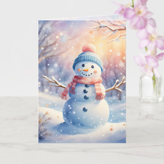 Cartão Boneco de Neve em Aquarela em um Inverno Mágico
