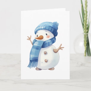 Cartão Boneco de Neve em Aquarela Fofa com Cachecol Azul