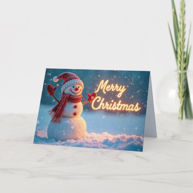 Cartão Boneco de Neve Feliz Natal com Letreiro Neon (Frente)