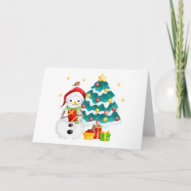 Cartão Boneco de Neve Fofo e Árvore de Natal  (Frente)