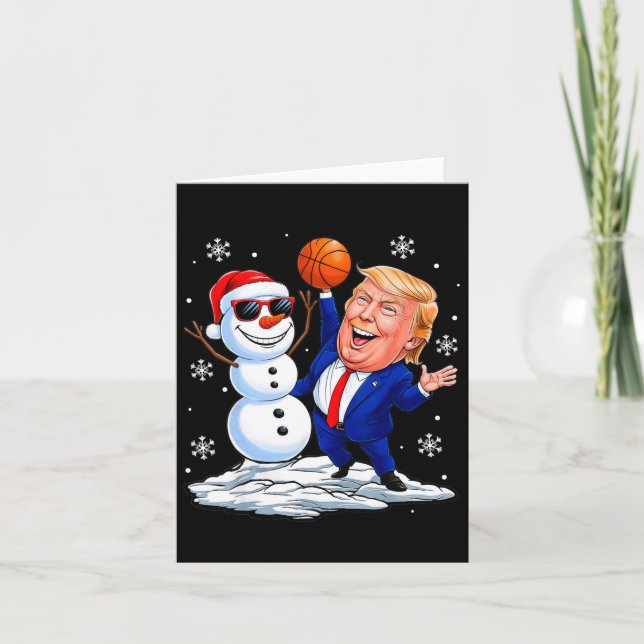 Cartão Boneco de Neve Jogando Basquete Com Trump Natal Di (Frente)