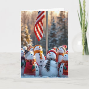 Cartão Bonecos de Neve de Férias Olhando para a Bandeira