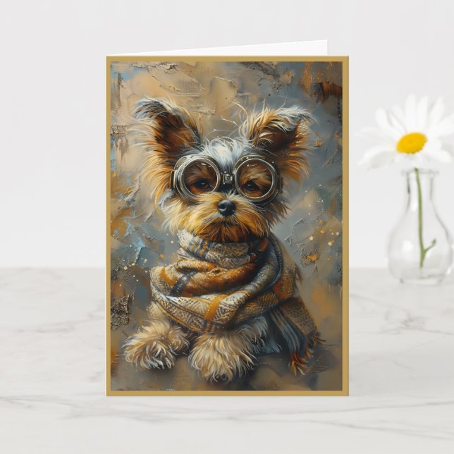 Cartão Bonita Adorável Steampunk Yorkshire Terrier Nota 1 (Planta pequena)