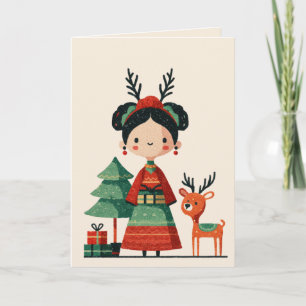 Cartão Bonita Frida Kahlo Retro Minimalista Feliz Natal