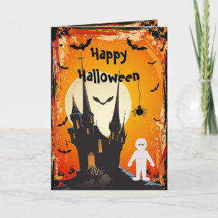 Cartão Bonita múmia, Bats & Castle Halloween Card