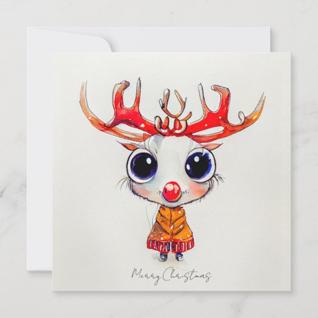 Cartão Bonita Reindeer Merry Christmas Watercolor (Frente)