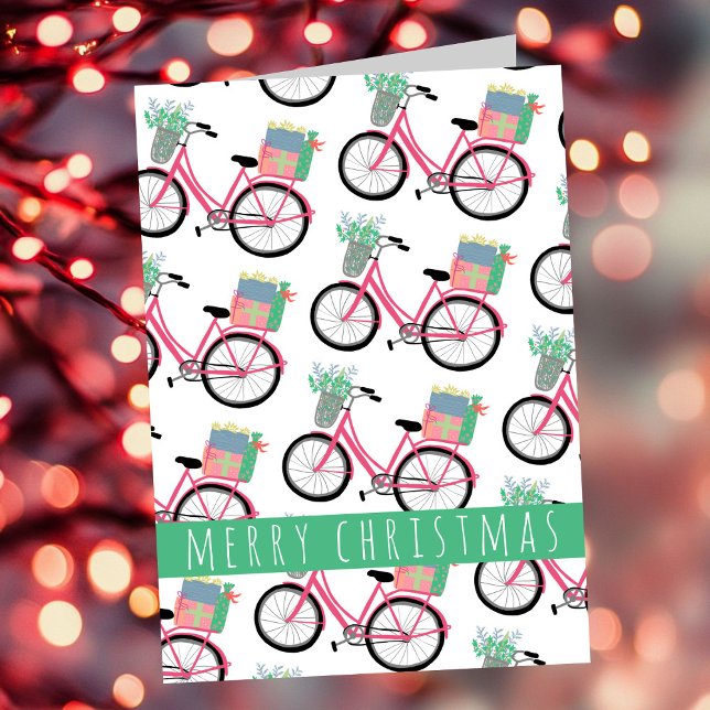 Cartão Bonitão de Natal, Feriado Feriado Bonito, Rosa (Adorable Christmas Bicycle Holiday Cute Girly Pink Modern Xmas Card
)