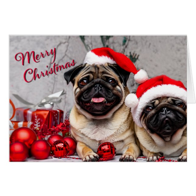 Cartão Bonitas Pugs Feliz Natal Saudação Divertida (Frente Horizontal)
