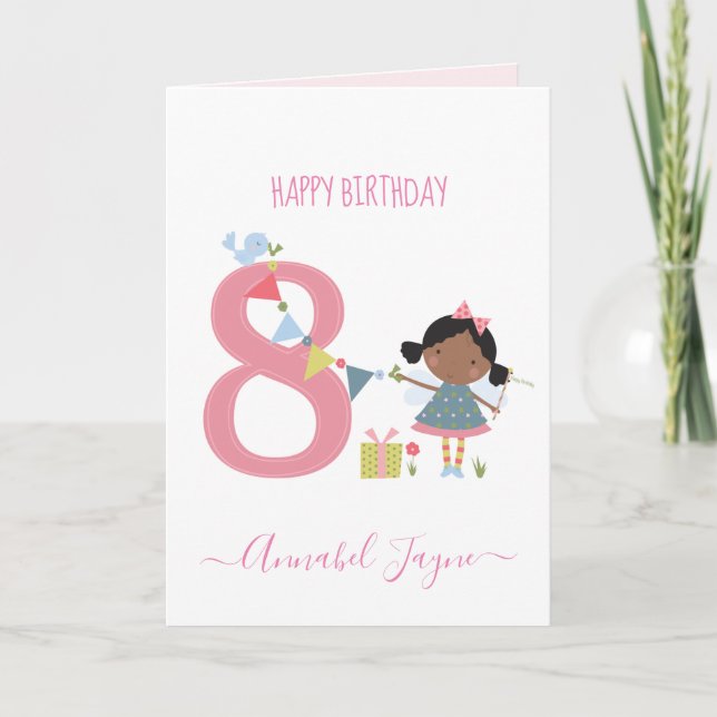 Cartão Bonitinho rosa, fada, do oitavo aniversário, perso (Frente)