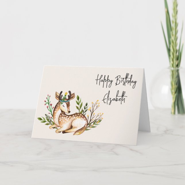 Cartão Bonito Aquarela Deer Ling Down Boho Birthday (Frente)