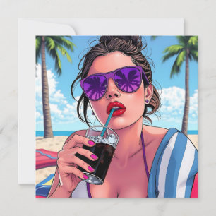Cartão Bonito-dama no Vazio de Arte Pop de Praia