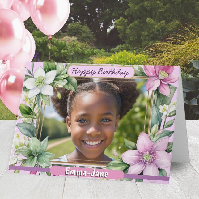 Cartão Bonito Floral Border Pink Flowers Feliz Aniversári (A pretty birthday card with pink and white flowers around the edge. Add a name and favorite photo)