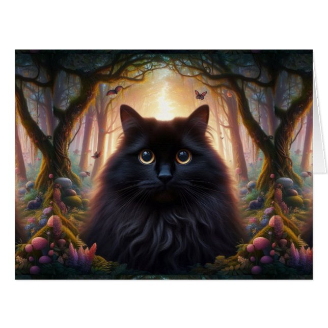 Cartão Bonito gato preto fluffy com olhos Dourados (Frente horizontal)