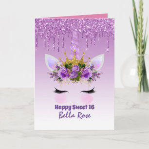 Cartão Bonito Girly Sweet16 Glam Glitter Face Unicorn