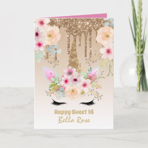 Cartão Bonito Girly Sweet16 Glam Glitter Face Unicorn