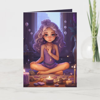 Cartão Bonito Meditação de Yoga Girl Purple Dourada Anive