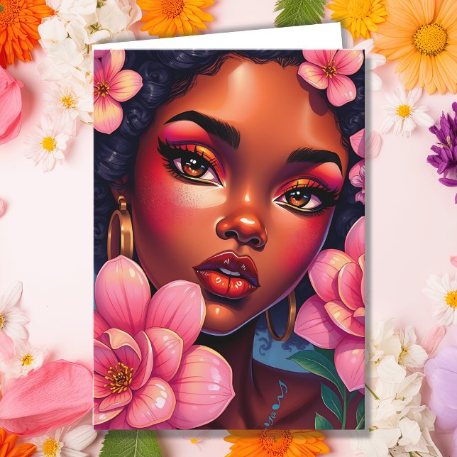 Cartão Bonito Mulher de Cor com Flores Aniversário (Criador carregado)