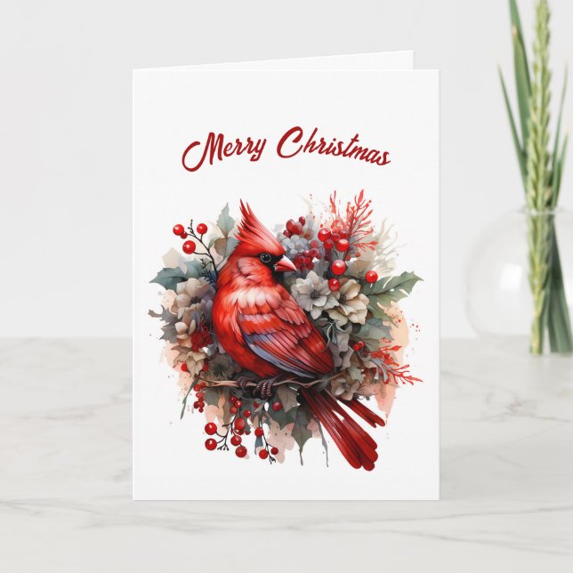 Cartão Bonito Natal da Ilustração Floral do Cardeal Verme (Frente)