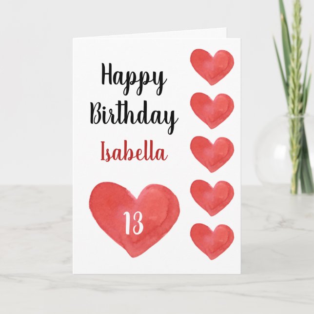 Cartão Bonito Red Watercolor Heart 13 Birthday (Frente)