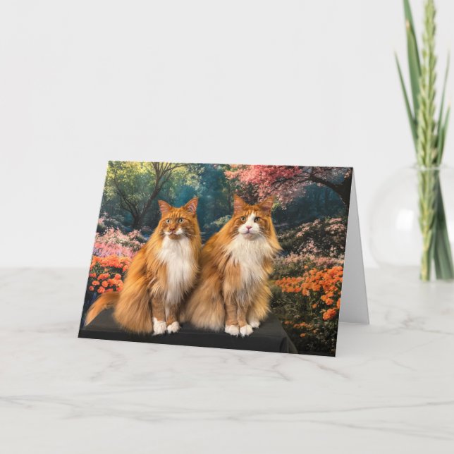 Cartão Bonitos Gatos no Jardim Primavera Colorido (Frente)