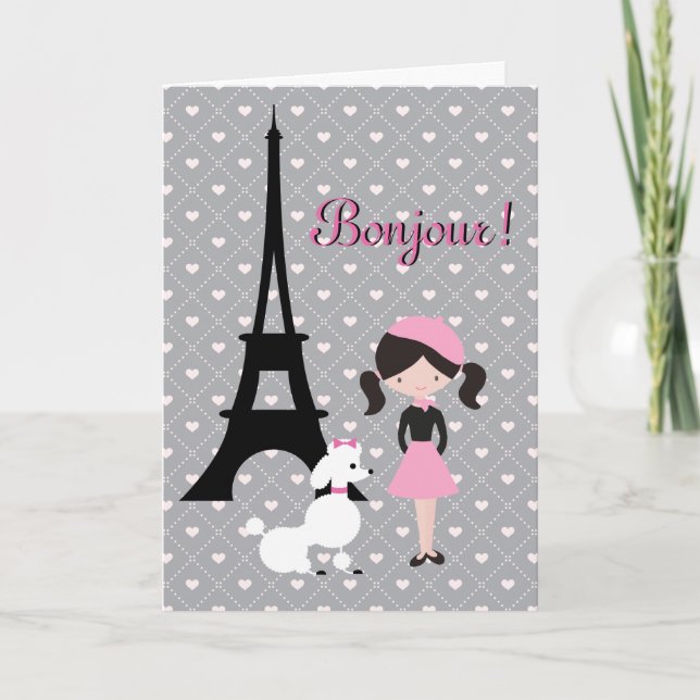 Cartão Bonjour Eiffel Tower, Poodle and Girl Birthday (Frente)